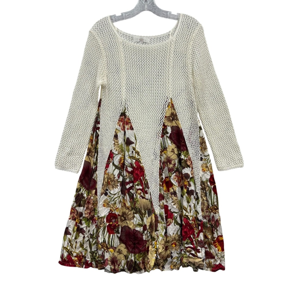 Entro Women's Floral Print Mini Dress Crochet Knit Long Sleeve Cream‎ Boho M